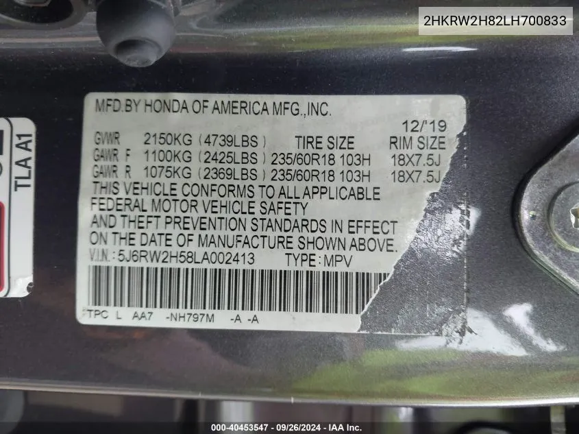 2HKRW2H82LH700833 2020 Honda Cr-V Awd Ex-L