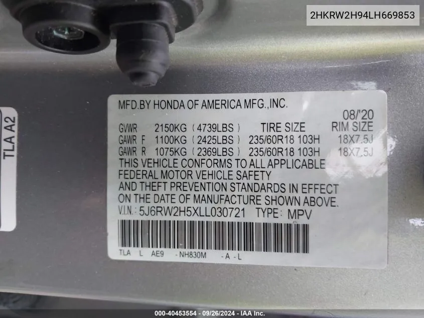 2HKRW2H94LH669853 2020 Honda Cr-V Awd Touring