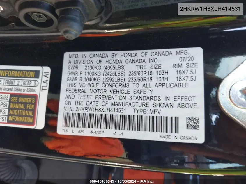 2020 Honda Cr-V Exl VIN: 2HKRW1H8XLH414531 Lot: 40486345