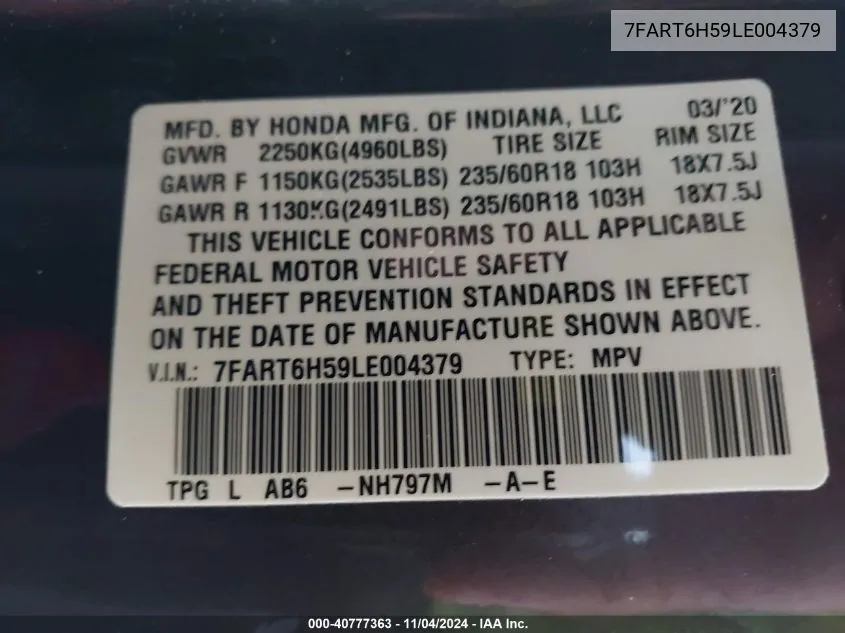 2020 Honda Cr-V Hybrid Ex VIN: 7FART6H59LE004379 Lot: 40777363