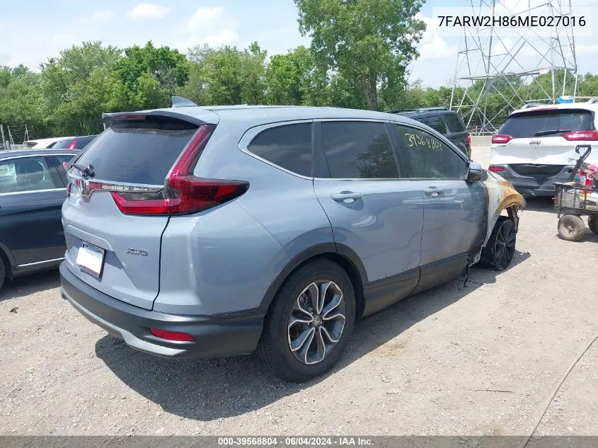 2021 Honda Cr-V Awd Ex-L VIN: 7FARW2H86ME027016 Lot: 39568804