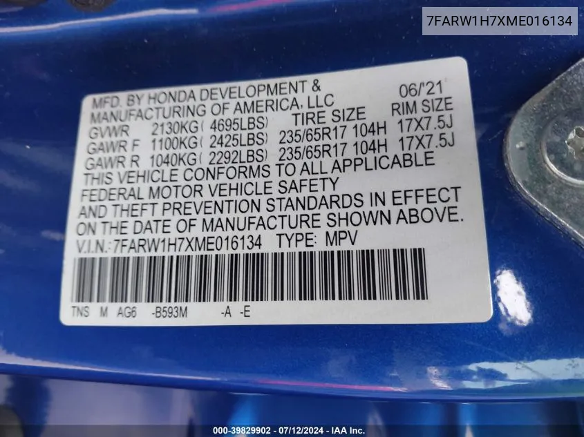 7FARW1H7XME016134 2021 Honda Cr-V 2Wd Special Edition