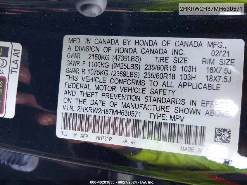 2HKRW2H87MH630571 2021 Honda Cr-V Awd Ex-L