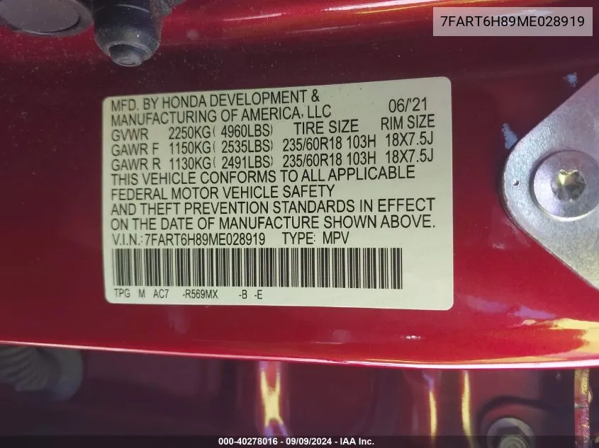 2021 Honda Cr-V Hybrid Ex-L VIN: 7FART6H89ME028919 Lot: 40278016