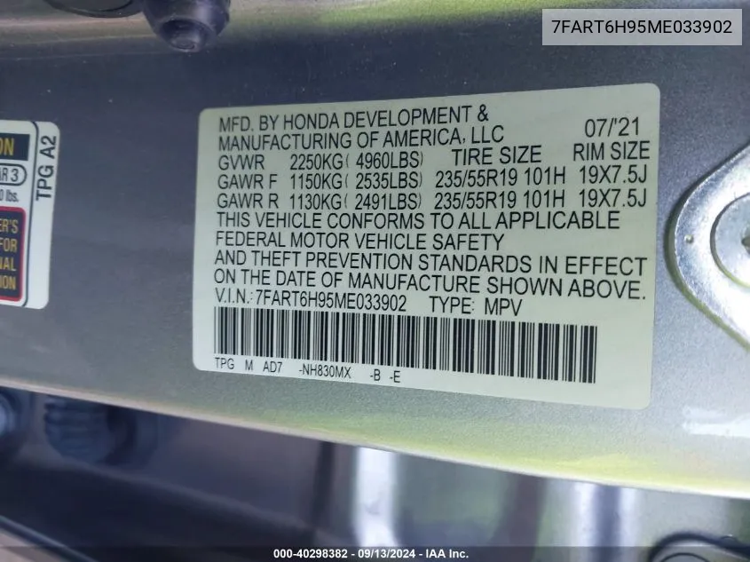 2021 Honda Cr-V Touring VIN: 7FART6H95ME033902 Lot: 40298382