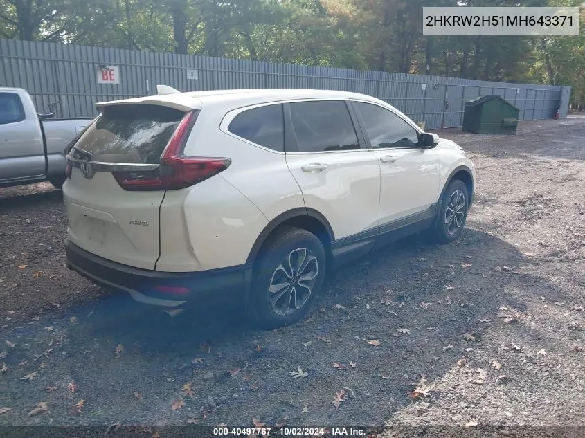 2021 Honda Cr-V Awd Ex VIN: 2HKRW2H51MH643371 Lot: 40497767