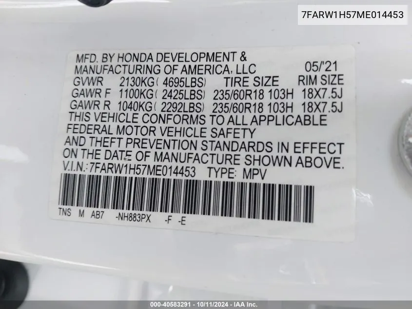 2021 Honda Cr-V Ex VIN: 7FARW1H57ME014453 Lot: 40583291