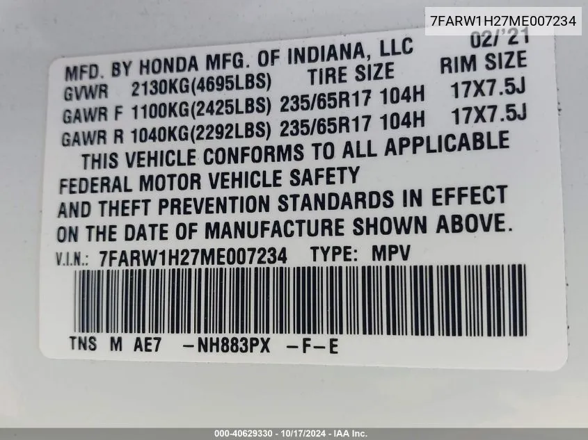 2021 Honda Cr-V 2Wd Lx VIN: 7FARW1H27ME007234 Lot: 40629330