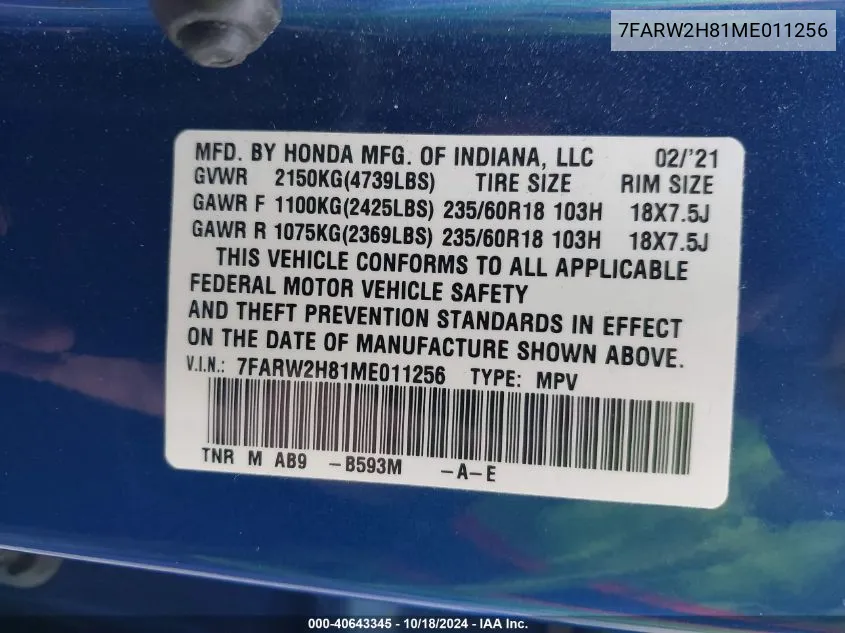 2021 Honda Cr-V Awd Ex-L VIN: 7FARW2H81ME011256 Lot: 40643345