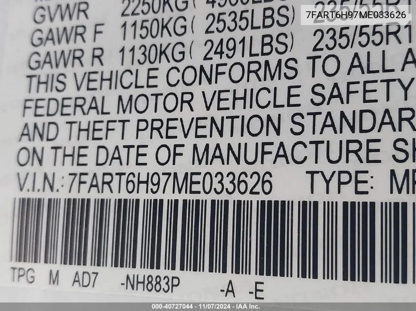 2021 Honda Cr-V Hybrid Touring VIN: 7FART6H97ME033626 Lot: 40727044