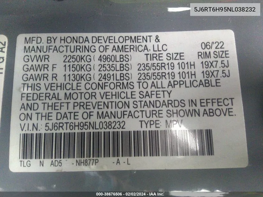 2022 Honda Cr-V Hybrid Touring VIN: 5J6RT6H95NL038232 Lot: 38676506