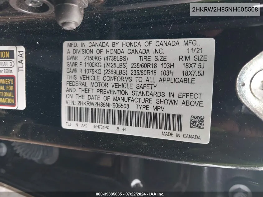 2HKRW2H85NH605508 2022 Honda Cr-V Awd Ex-L