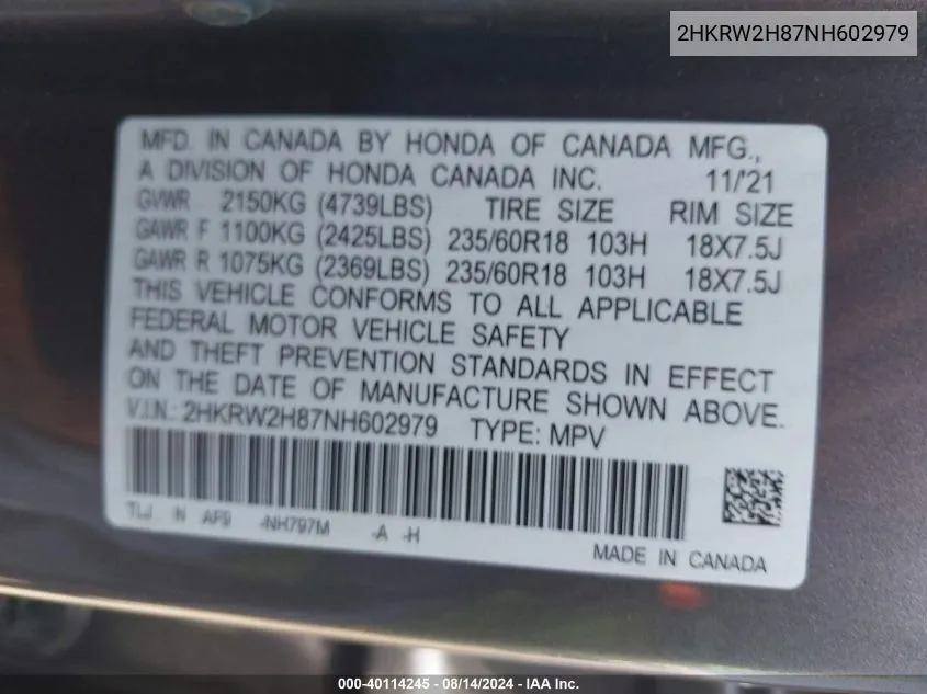 2HKRW2H87NH602979 2022 Honda Cr-V Awd Ex-L