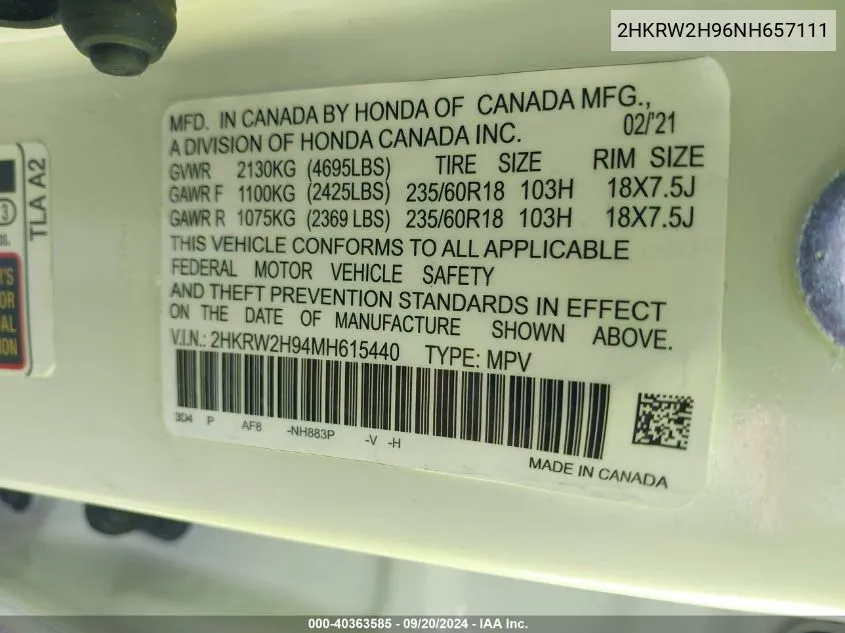 2022 Honda Cr-V Awd Touring VIN: 2HKRW2H96NH657111 Lot: 40363585