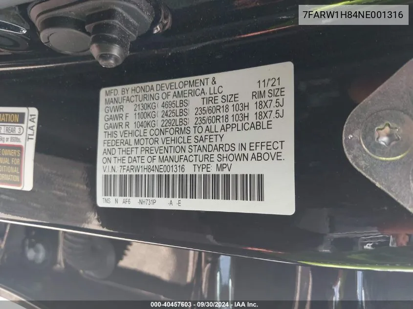 2022 Honda Cr-V Exl VIN: 7FARW1H84NE001316 Lot: 40457603