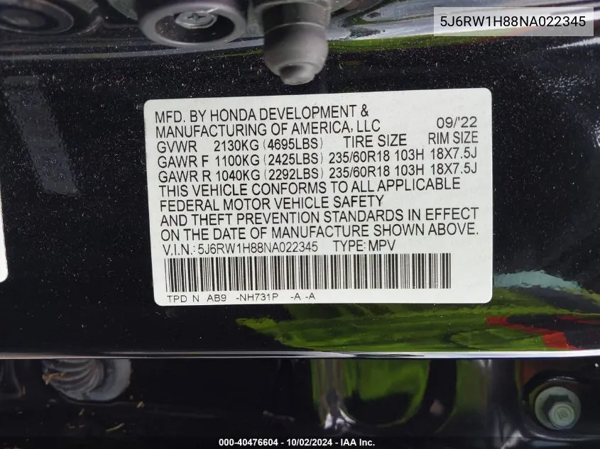 2022 Honda Cr-V Exl VIN: 5J6RW1H88NA022345 Lot: 40476604