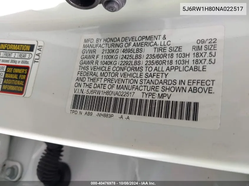 2022 Honda Cr-V 2Wd Ex-L VIN: 5J6RW1H80NA022517 Lot: 40476978