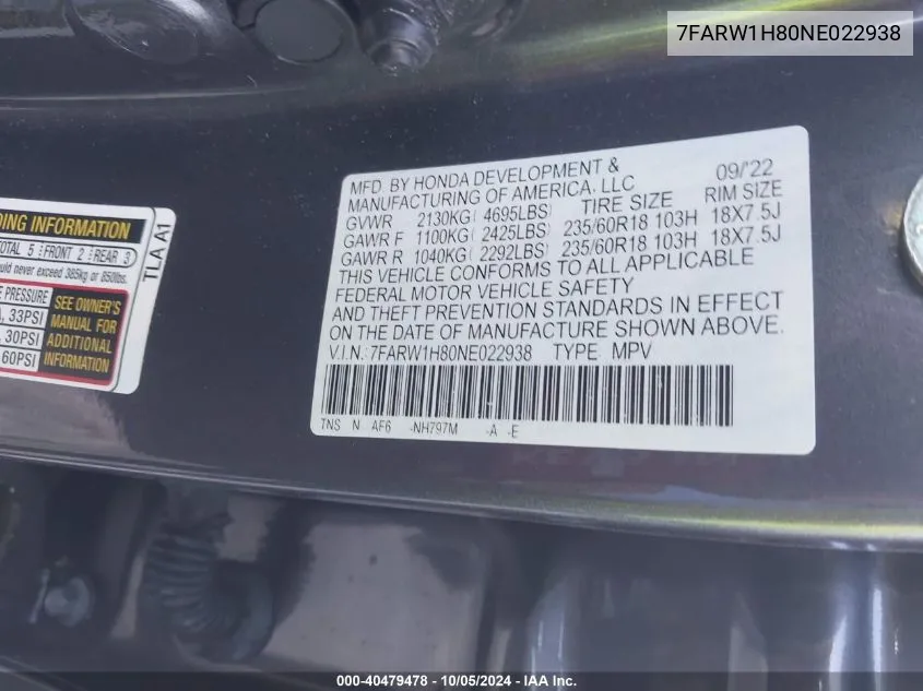 2022 Honda Cr-V Exl VIN: 7FARW1H80NE022938 Lot: 40479478