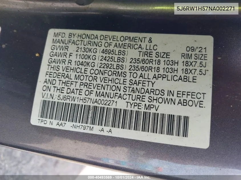 2022 Honda Cr-V 2Wd Ex VIN: 5J6RW1H57NA002271 Lot: 40493569