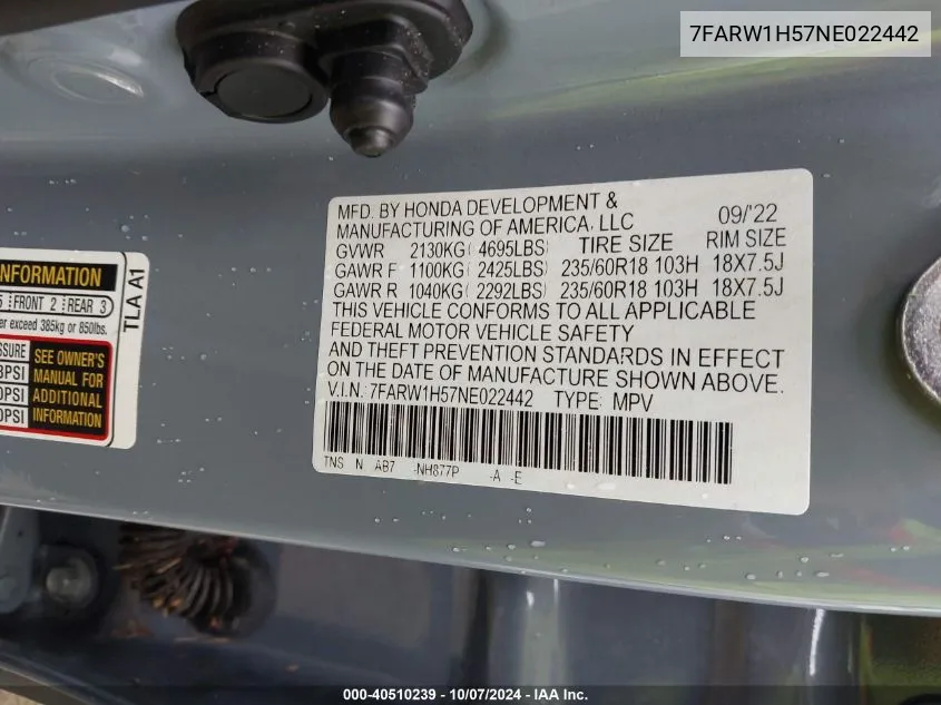 2022 Honda Cr-V Ex VIN: 7FARW1H57NE022442 Lot: 40510239