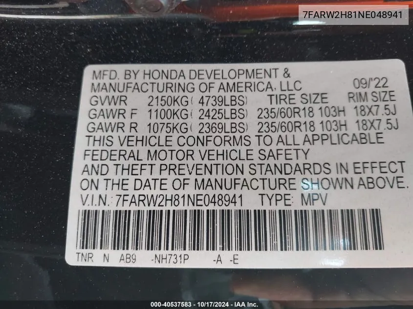 2022 Honda Cr-V Awd Ex-L VIN: 7FARW2H81NE048941 Lot: 40537583