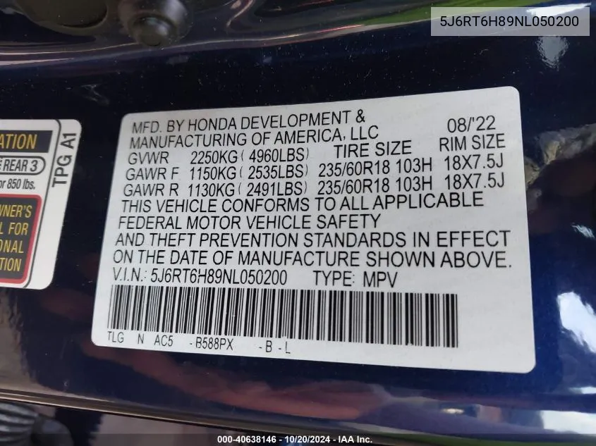 2022 Honda Cr-V Exl VIN: 5J6RT6H89NL050200 Lot: 40638146