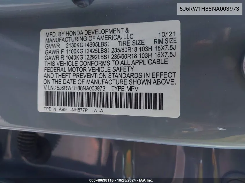 2022 Honda Cr-V 2Wd Ex-L VIN: 5J6RW1H88NA003973 Lot: 40698116