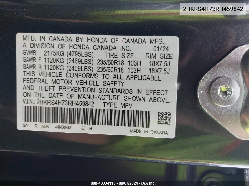 2024 Honda Cr-V Ex-L Awd VIN: 2HKRS4H73RH459842 Lot: 40004113