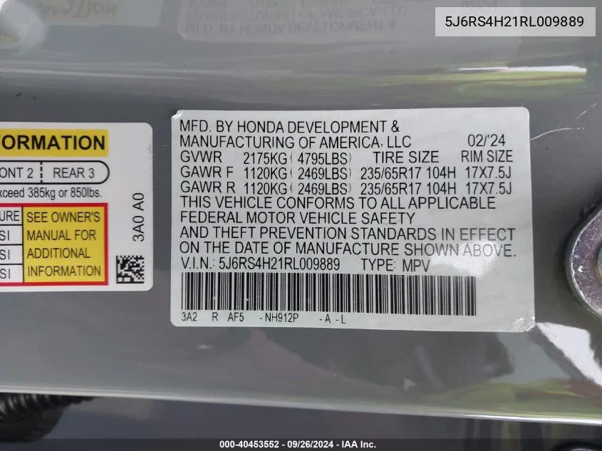 2024 Honda Cr-V Lx Awd VIN: 5J6RS4H21RL009889 Lot: 40453552