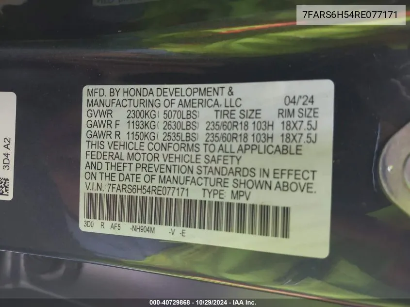 2024 Honda Cr-V Hybrid Sport VIN: 7FARS6H54RE077171 Lot: 40729868