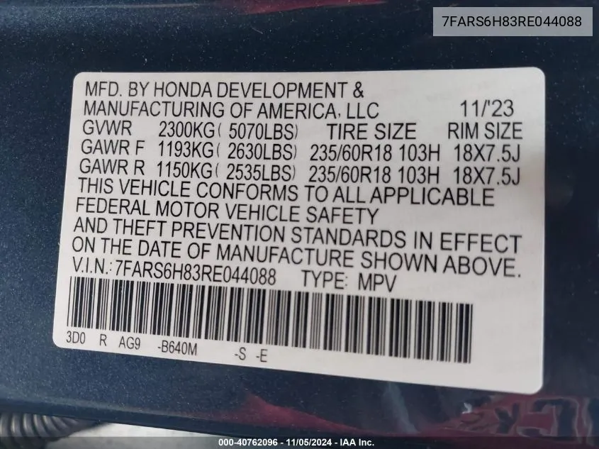 2024 Honda Cr-V Hybrid Sport-L VIN: 7FARS6H83RE044088 Lot: 40762096