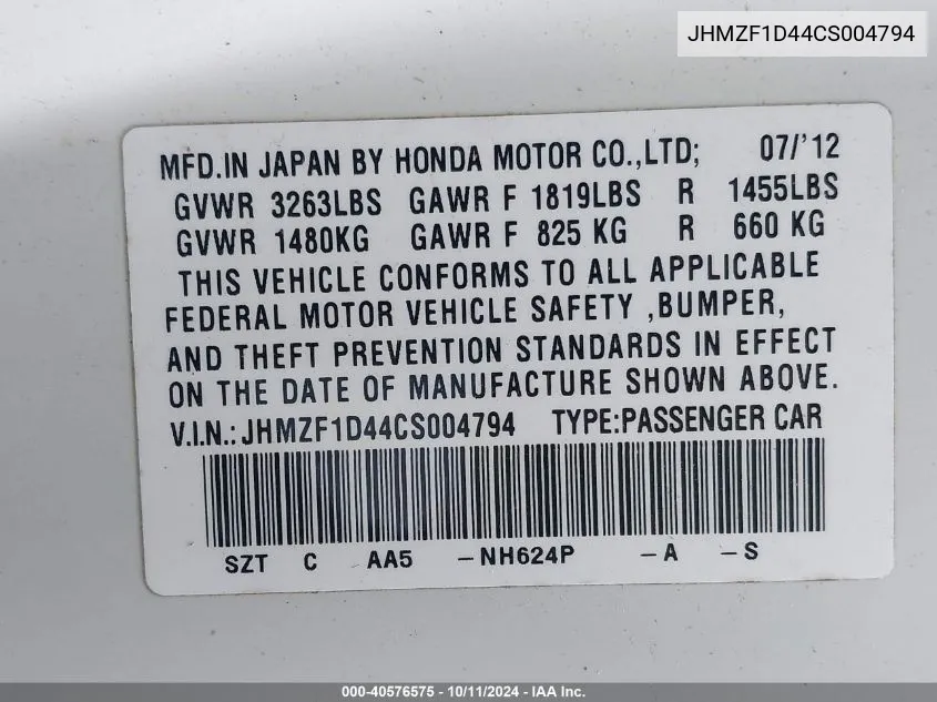 2012 Honda Cr-Z VIN: JHMZF1D44CS004794 Lot: 40576575