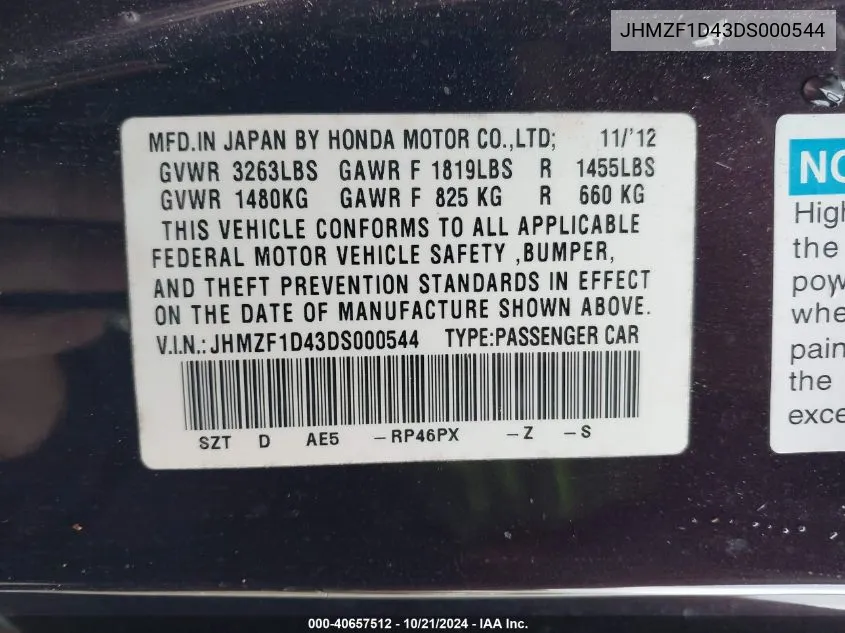 2013 Honda Cr-Z VIN: JHMZF1D43DS000544 Lot: 40657512