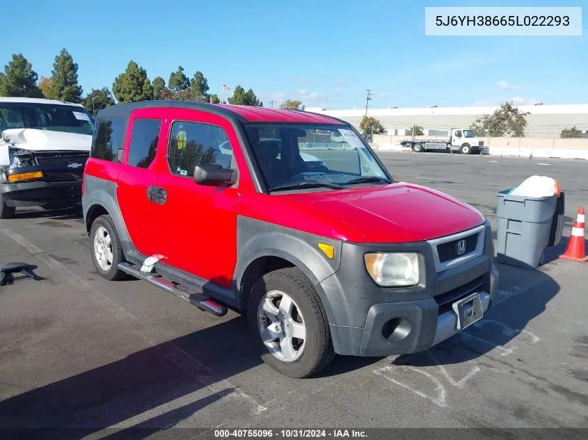 2005 Honda Element VIN: 5J6YH38665L022293 Lot: 40755096