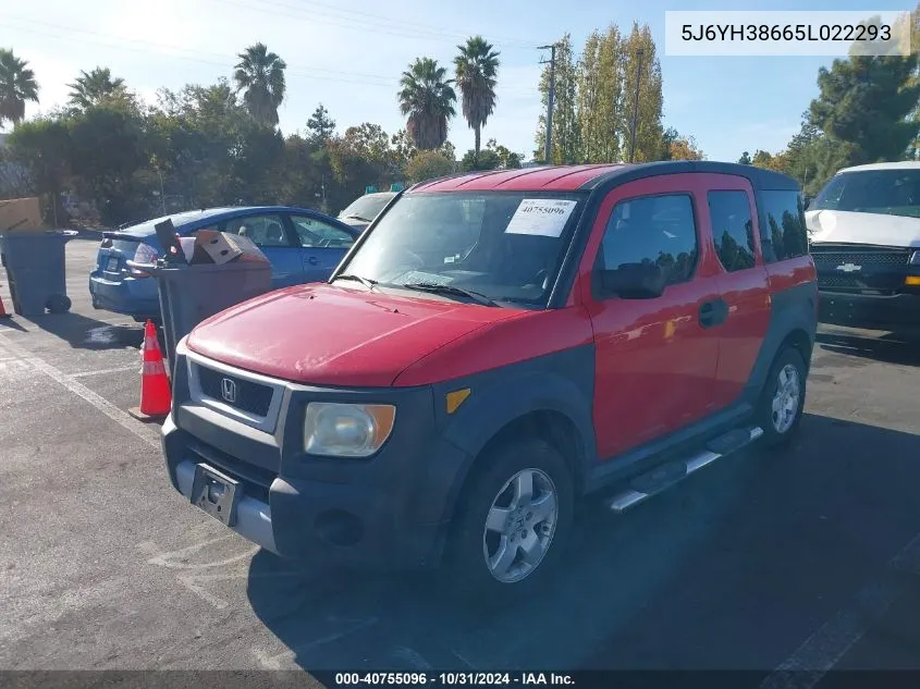 2005 Honda Element VIN: 5J6YH38665L022293 Lot: 40755096