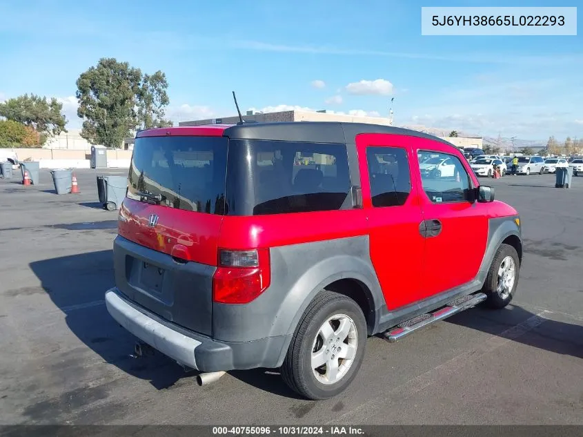 2005 Honda Element VIN: 5J6YH38665L022293 Lot: 40755096