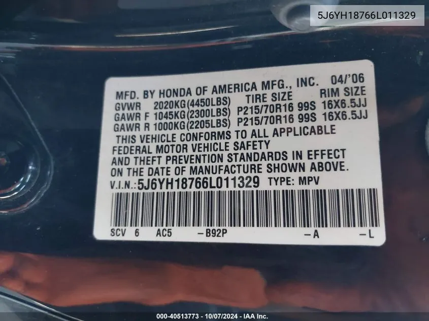 2006 Honda Element Ex-P VIN: 5J6YH18766L011329 Lot: 40513773