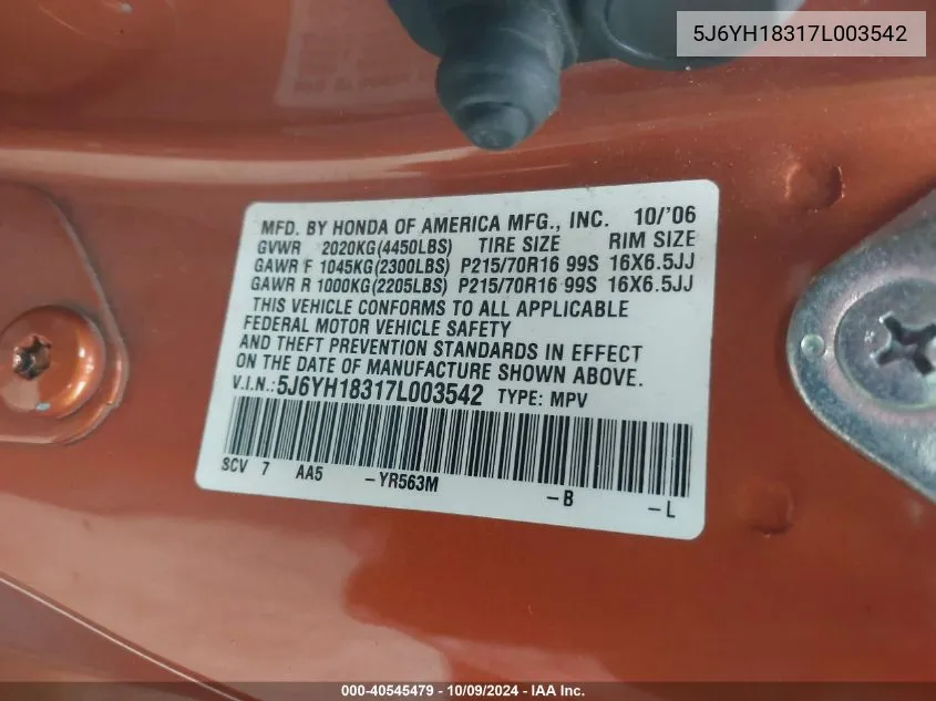 2007 Honda Element Lx VIN: 5J6YH18317L003542 Lot: 40545479