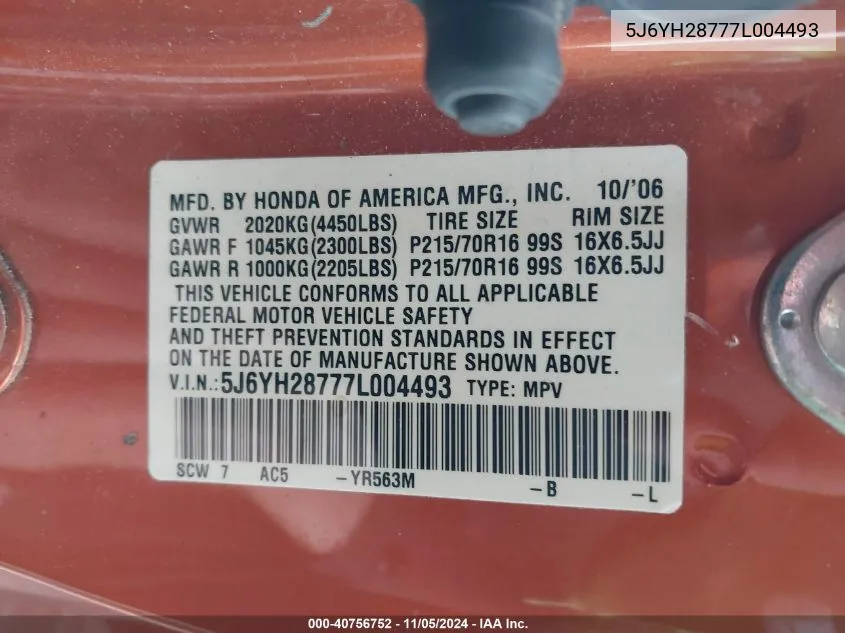2007 Honda Element Ex VIN: 5J6YH28777L004493 Lot: 40756752