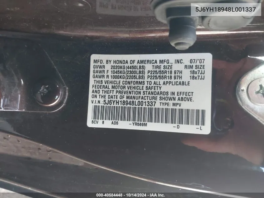 2008 Honda Element Sc VIN: 5J6YH18948L001337 Lot: 40584448