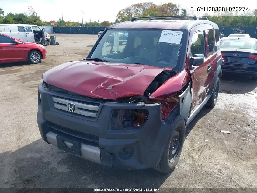 2008 Honda Element Lx VIN: 5J6YH28308L020274 Lot: 40704470