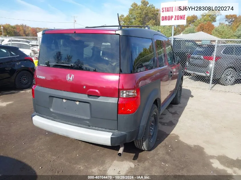 2008 Honda Element Lx VIN: 5J6YH28308L020274 Lot: 40704470