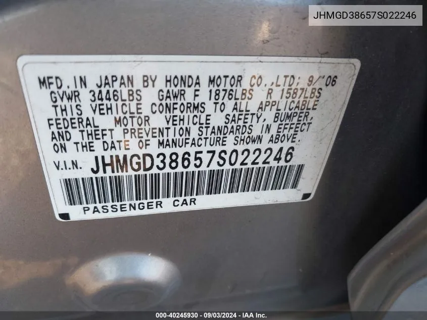 JHMGD38657S022246 2007 Honda Fit Sport