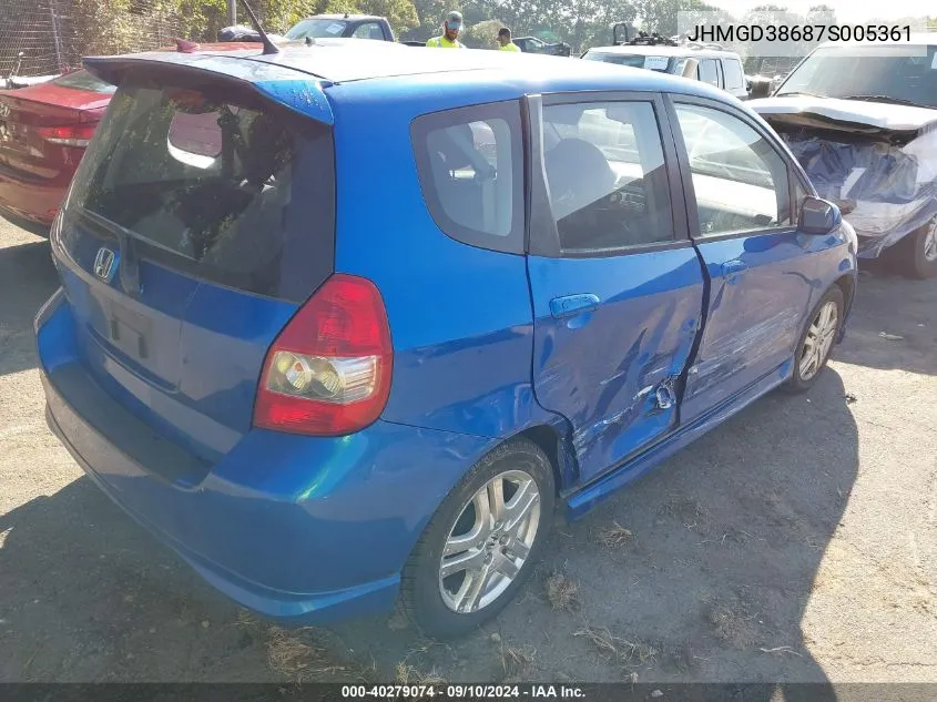 2007 Honda Fit Sport VIN: JHMGD38687S005361 Lot: 40279074