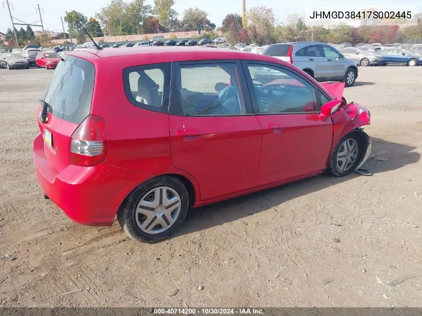 2007 Honda Fit Base (A5) VIN: JHMGD38417S002445 Lot: 40714200