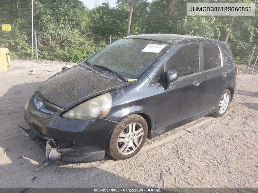 2008 Honda Fit Sport VIN: JHMGD38618S060851 Lot: 39914993