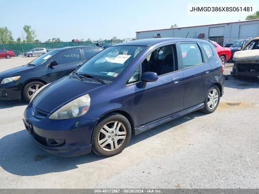 2008 Honda Fit Sport VIN: JHMGD386X8S061481 Lot: 40172967