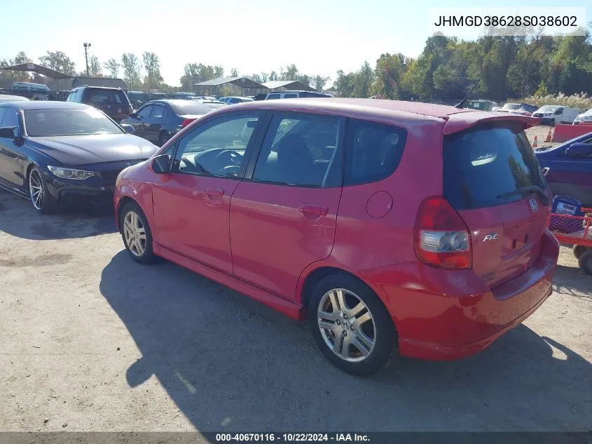 2008 Honda Fit Sport VIN: JHMGD38628S038602 Lot: 40670116