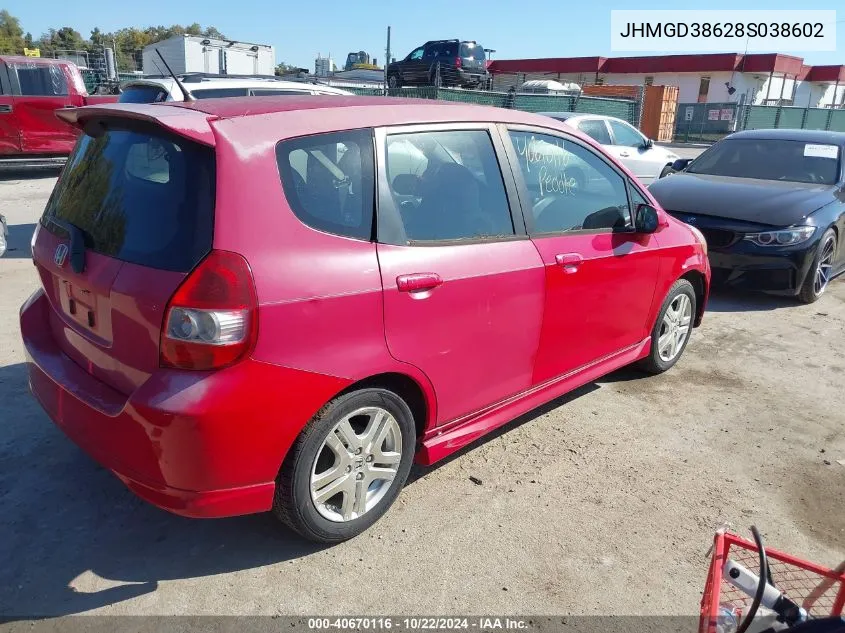 2008 Honda Fit Sport VIN: JHMGD38628S038602 Lot: 40670116