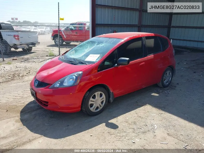 2010 Honda Fit VIN: JHMGE8G27AC020833 Lot: 40025235